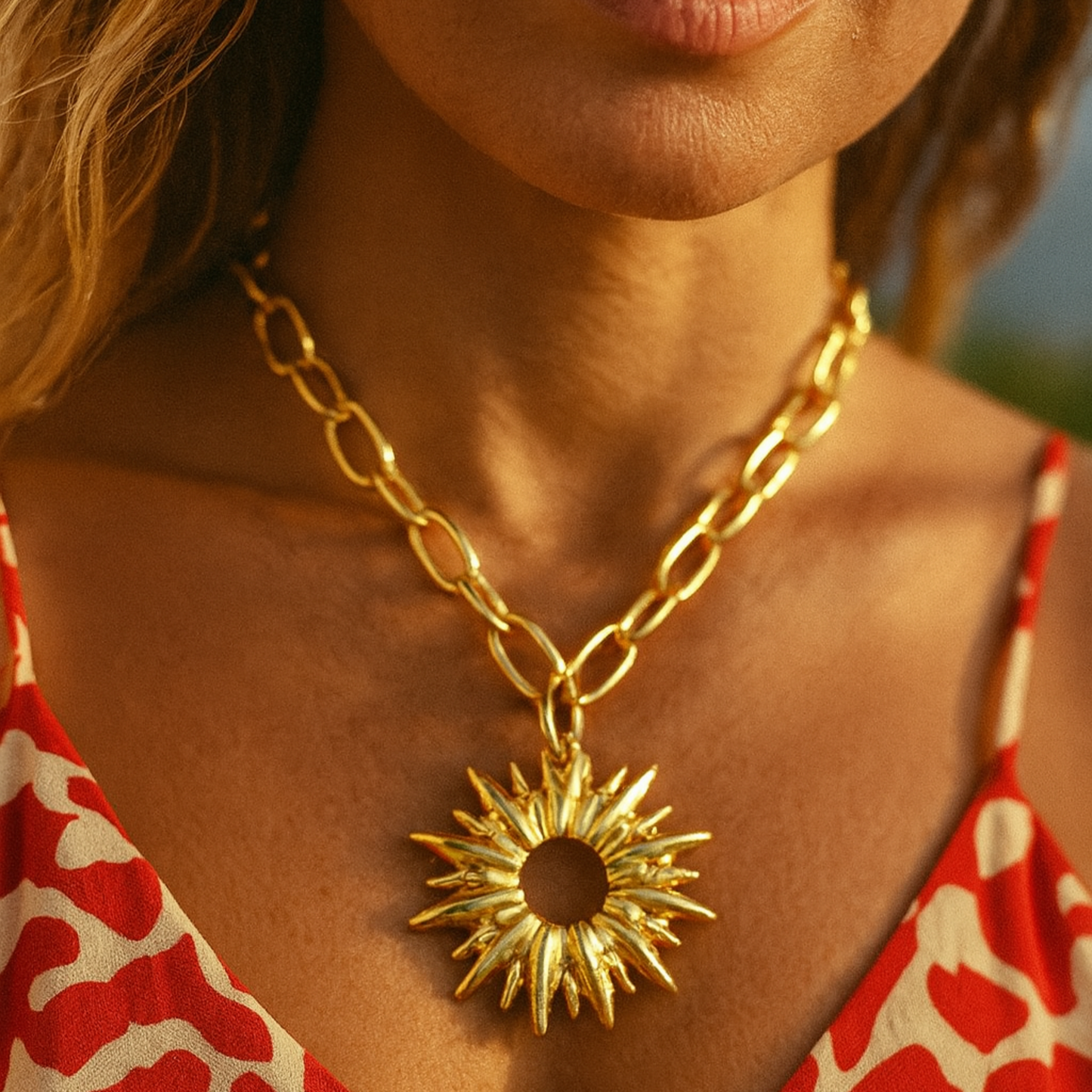 Close-up of a person wearing a gold necklace with a sun pendant, dressed in a red and white patterned top.