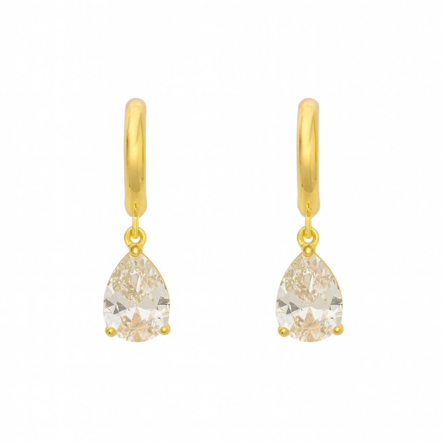 Gold hoop earrings with teardrop-shaped gemstones on a white background