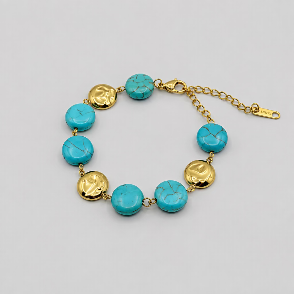 A beaded bracelet featuring turquoise-blue round beads and textured gold-colored disc charms, boho, stocked, tarnish resistant