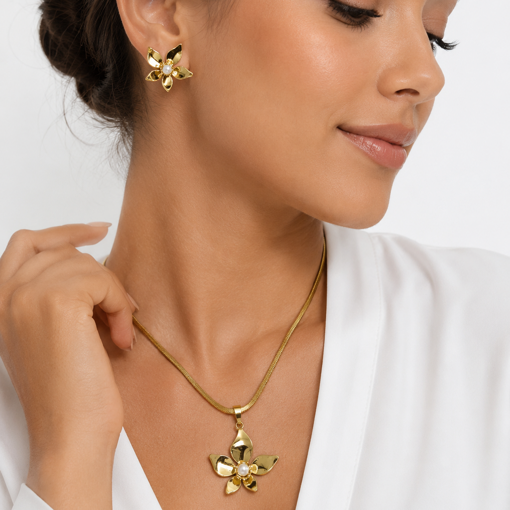 18K Gold Plated Stainless Steel Necklace & Earring Set