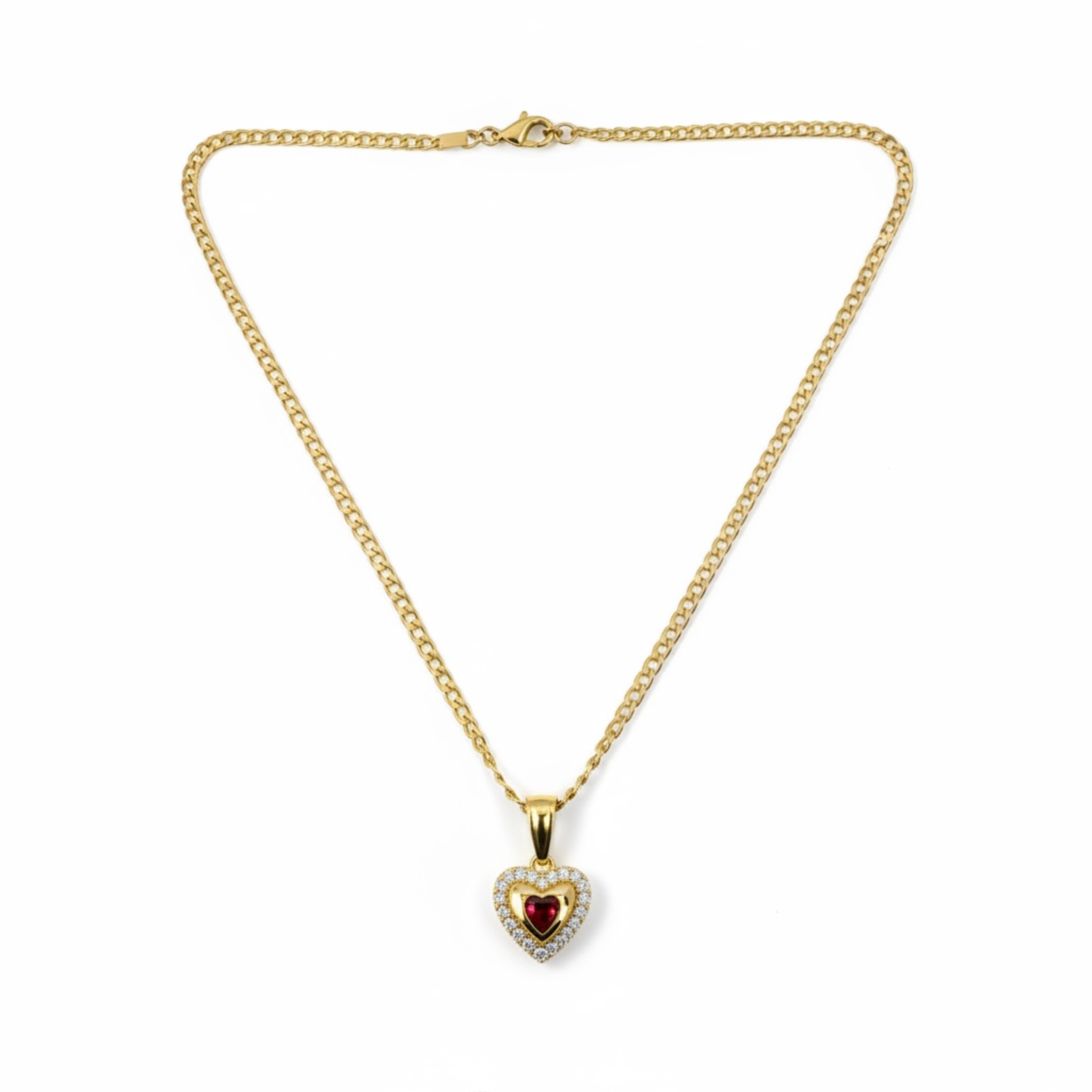 Gold necklace with a heart-shaped pendant on a white background