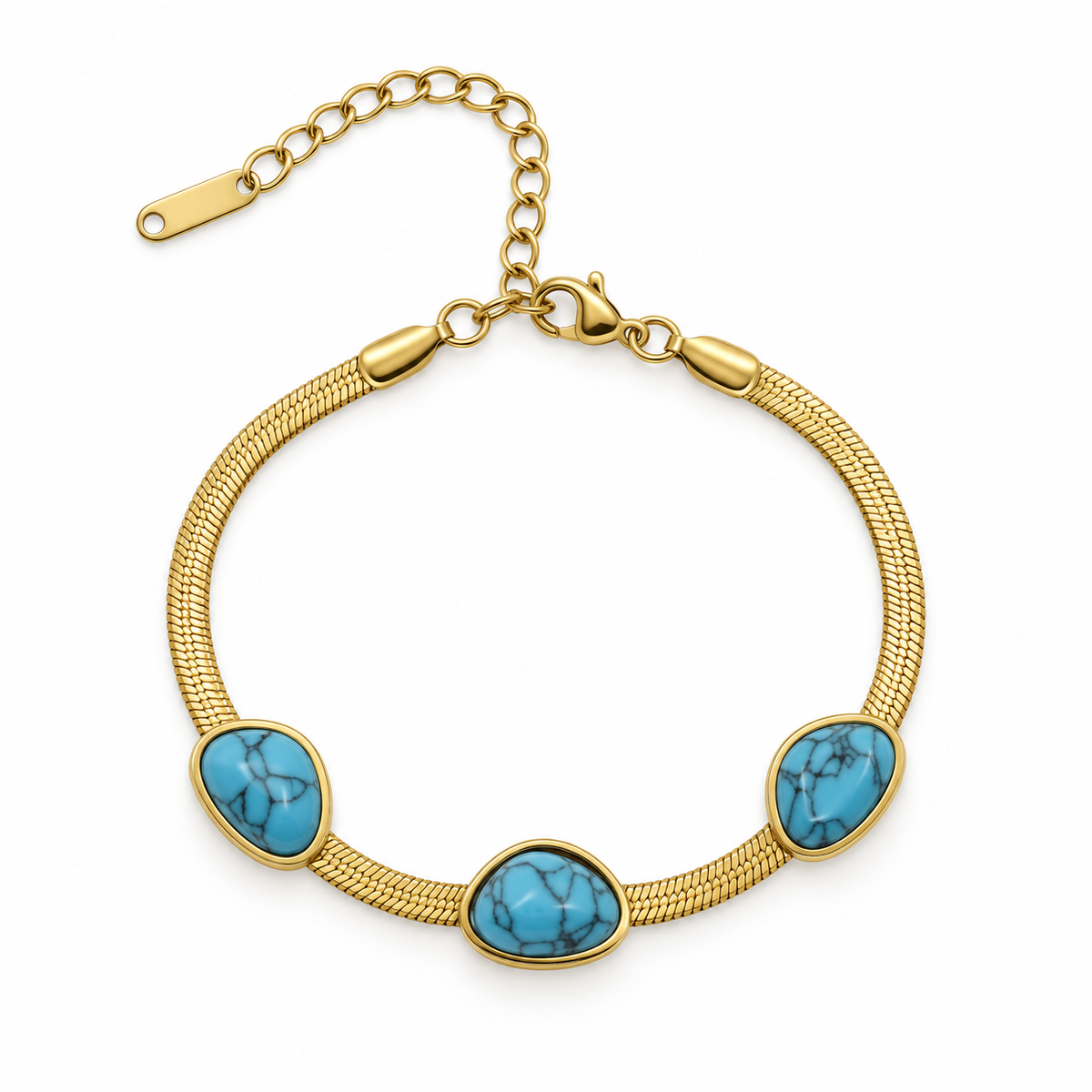 Gold-tone snake chain bracelet with three oval turquoise-blue stone inlays, stainless steel