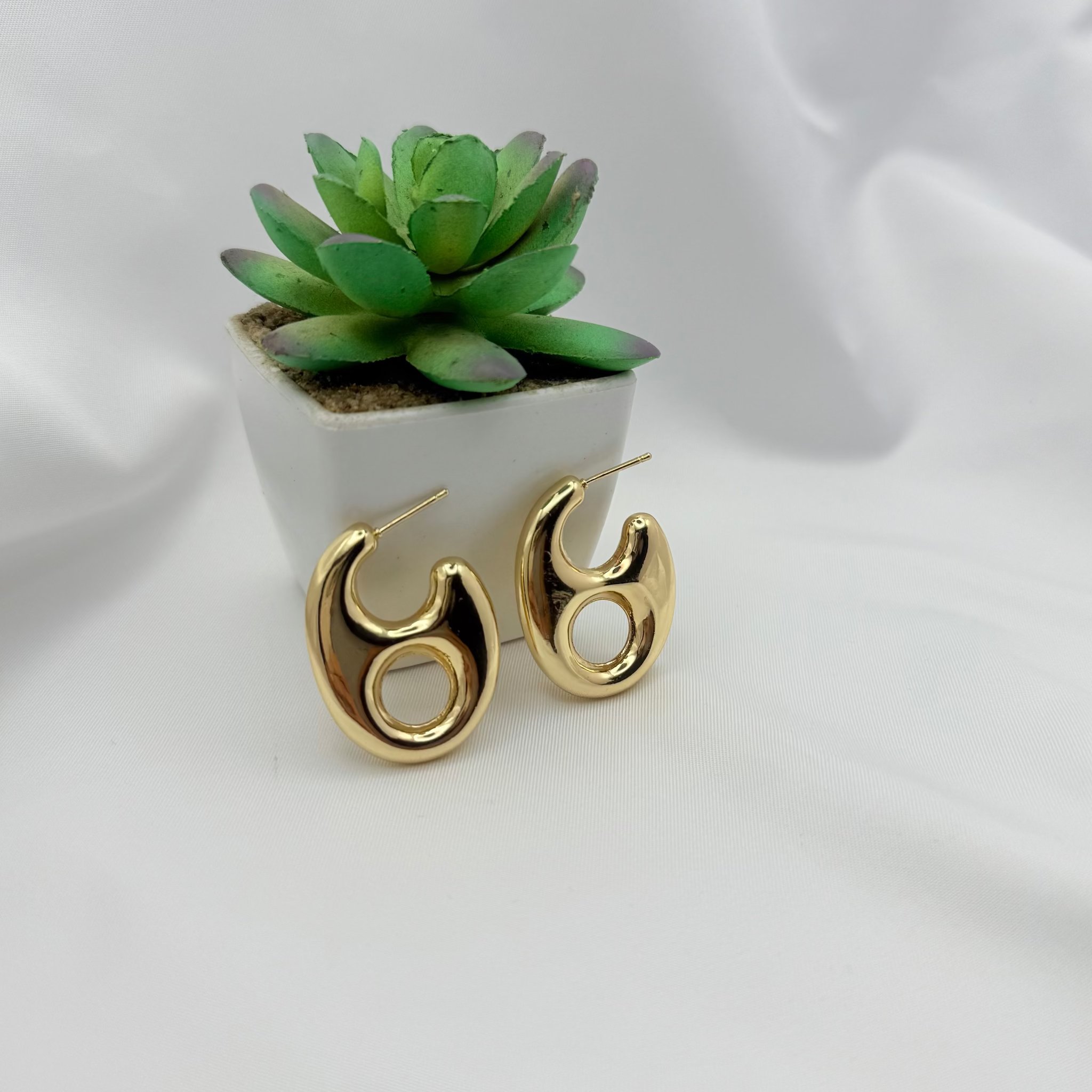 Gold earrings displayed next to a small potted succulent on a white fabric background