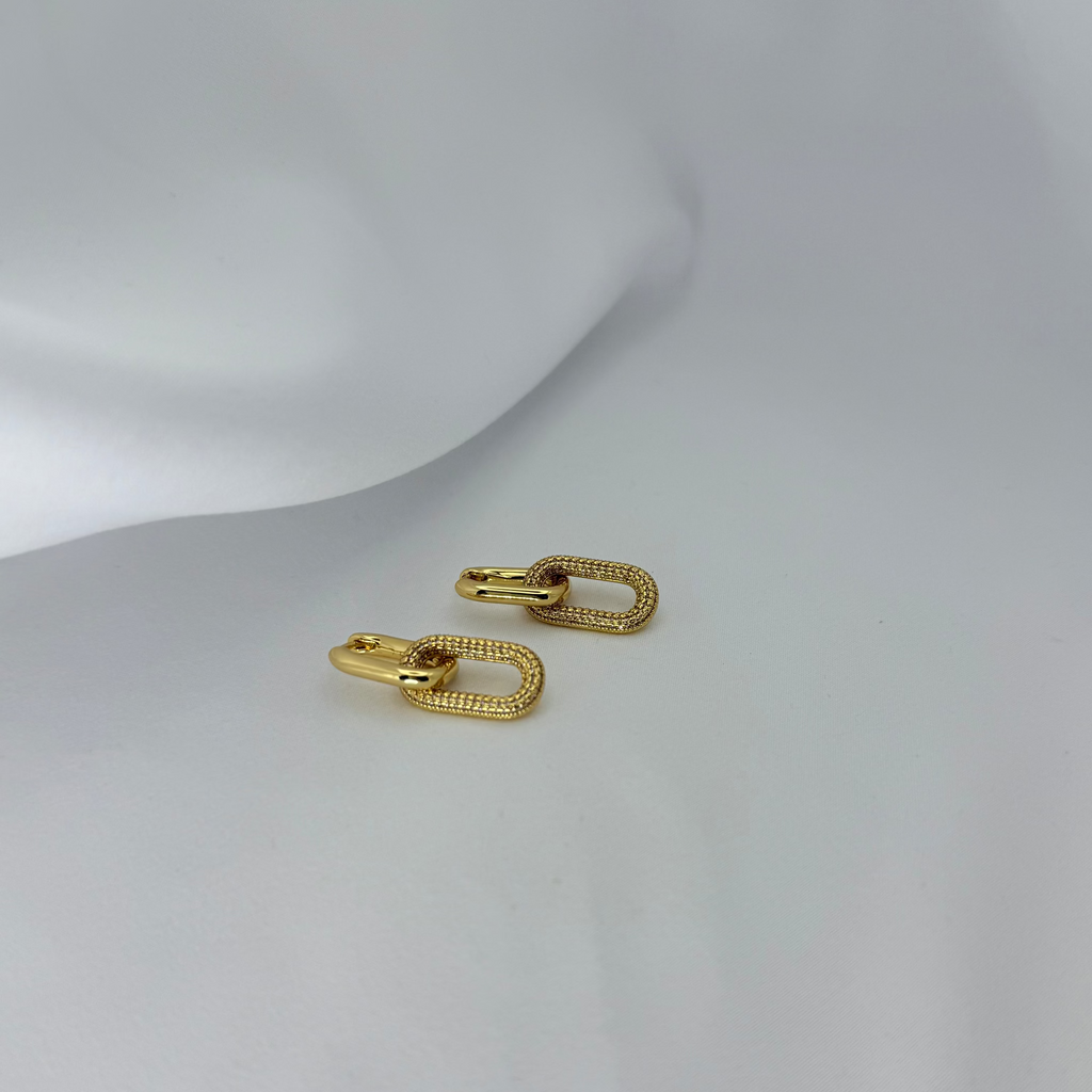 Gold chain-style earrings on a white background