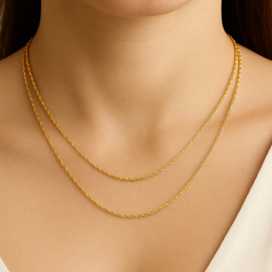 Close-up of a person wearing a gold necklace with a plain background
