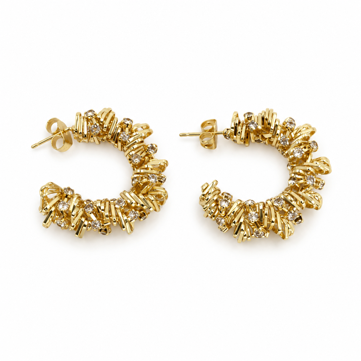 Gold crescent-shaped hoop earrings embellished with small clear rhinestones