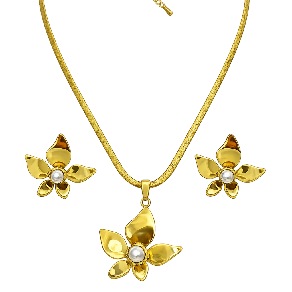 18k Gold Plated Bloom Pearl Necklace & Earring Set