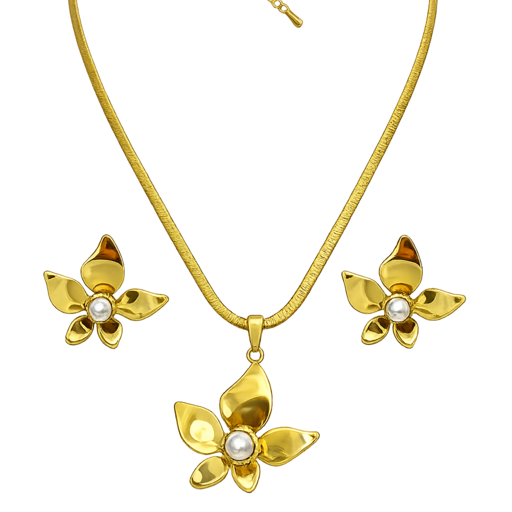 18k Gold Plated Bloom Pearl Necklace & Earring Set
