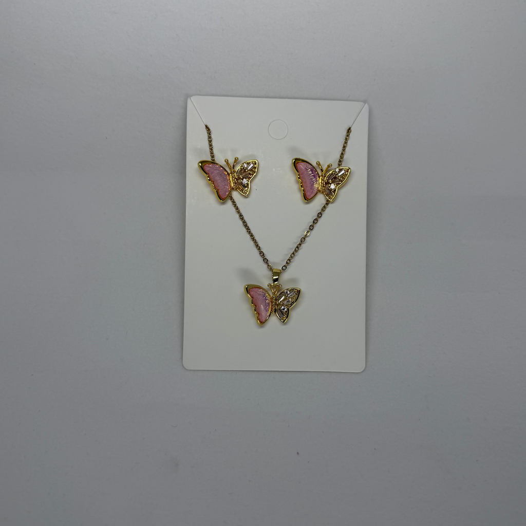 18K Gold - Plated Pink Butterfly Necklace & Earrings Set