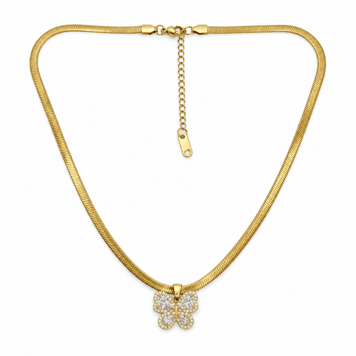 A gold snake chain necklace with a small butterfly pendant encrusted with clear Zirconia