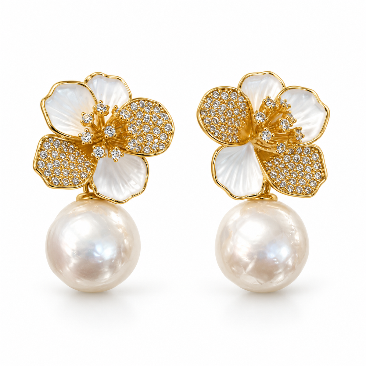 White Flower Pearl Drop Earrings