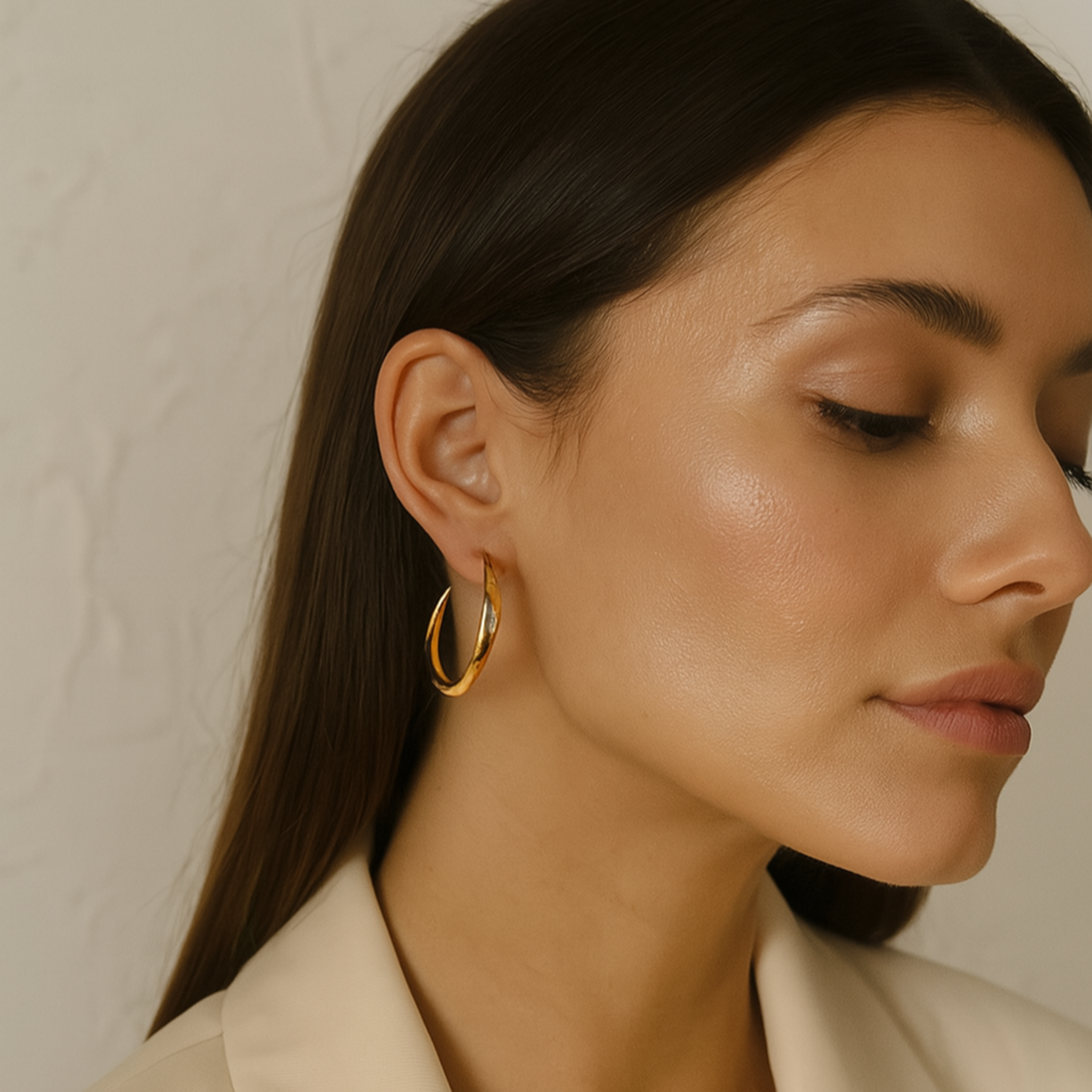 Woman wearing gold hoop earrings with a neutral background