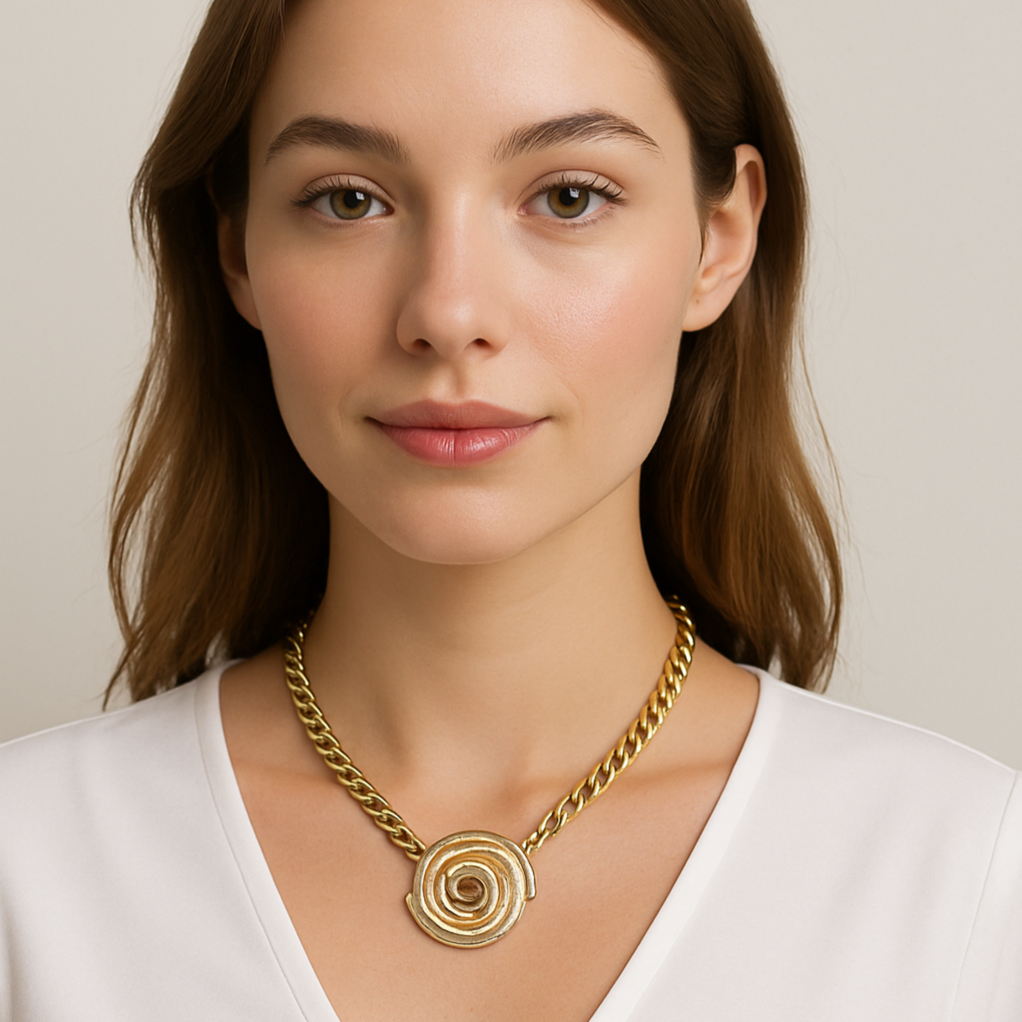 Woman wearing a gold necklace against a neutral background