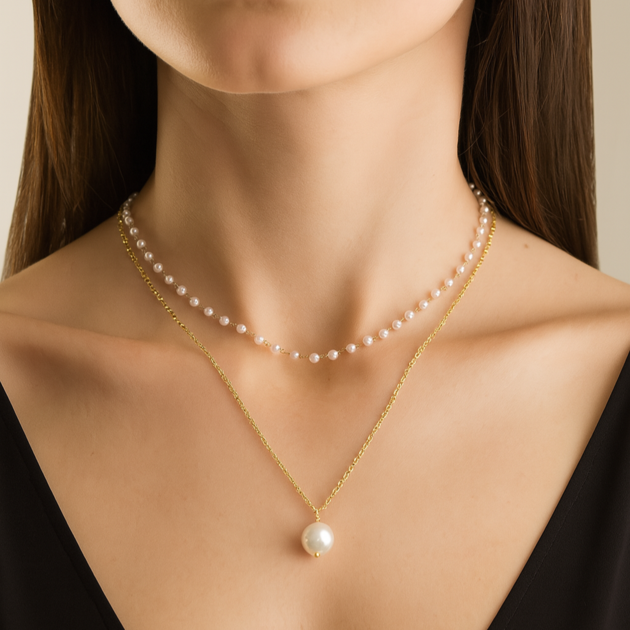 Pearl necklace on a model against a neutral background