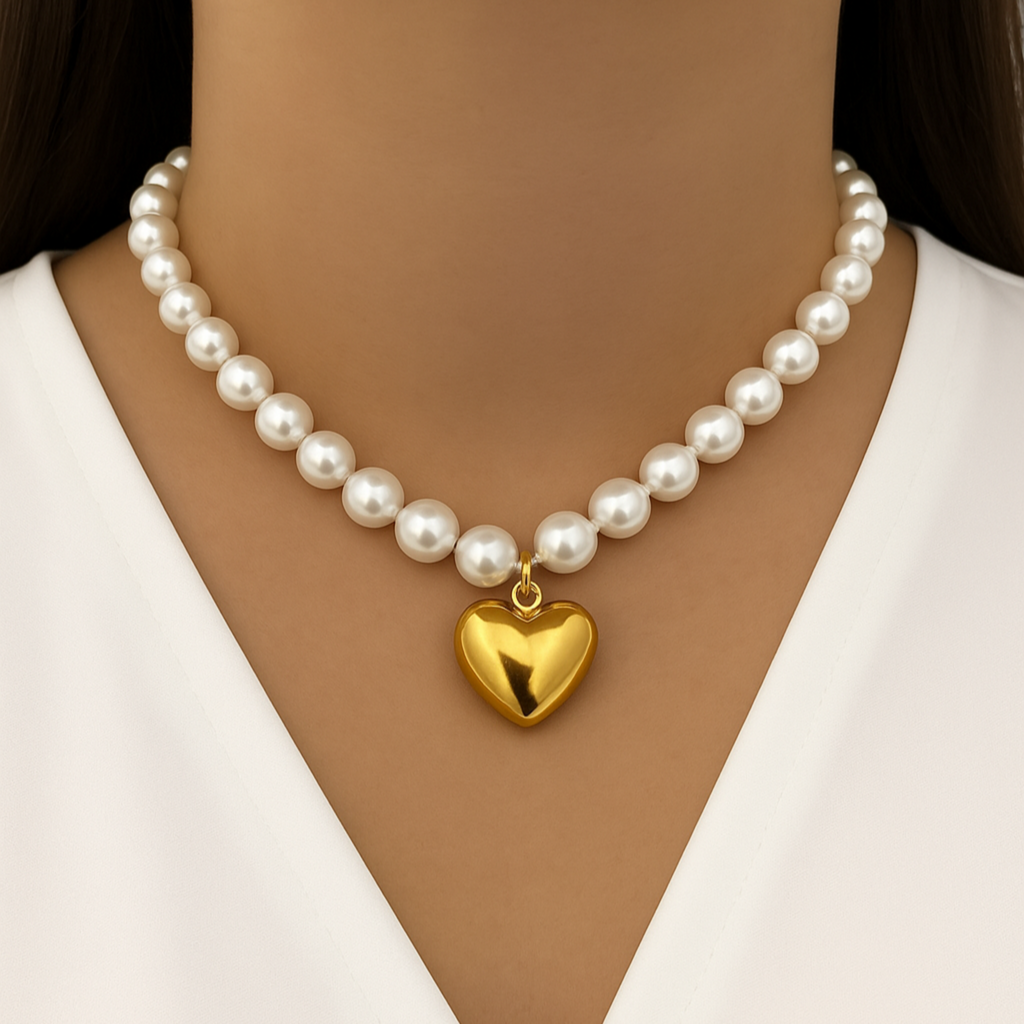 Puffy Heart Pearls Necklace