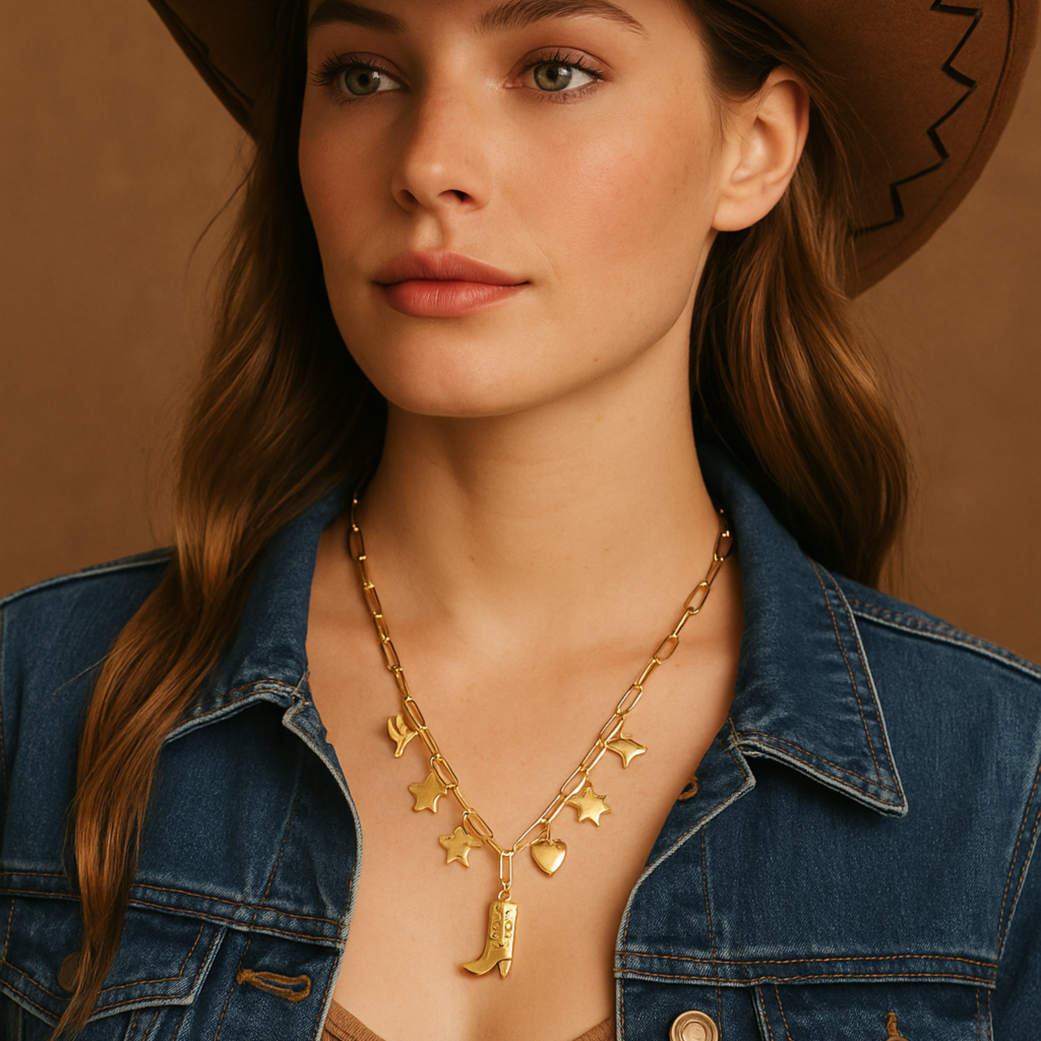 Woman wearing a cowboy hat, denim jacket, and gold jewelry against a brown background