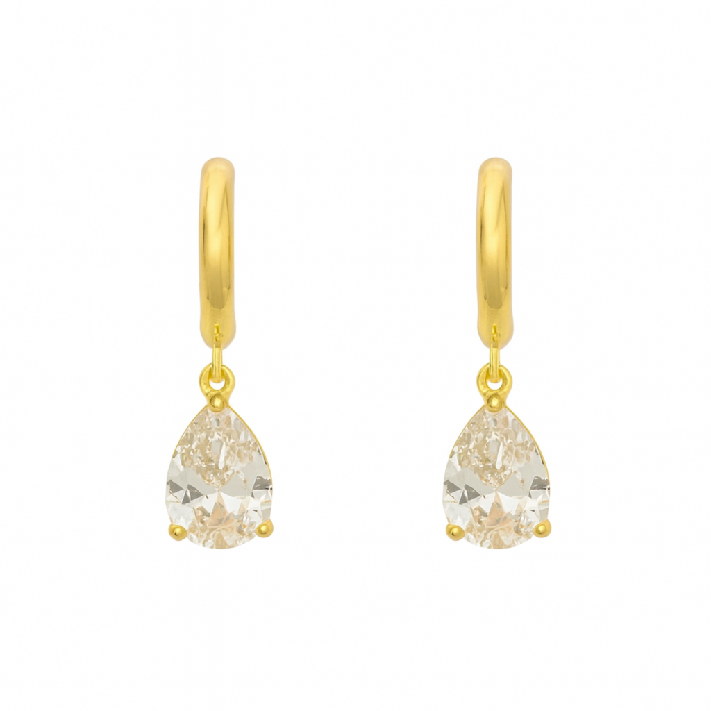 Gold hoop earrings with teardrop-shaped gemstones on a white background