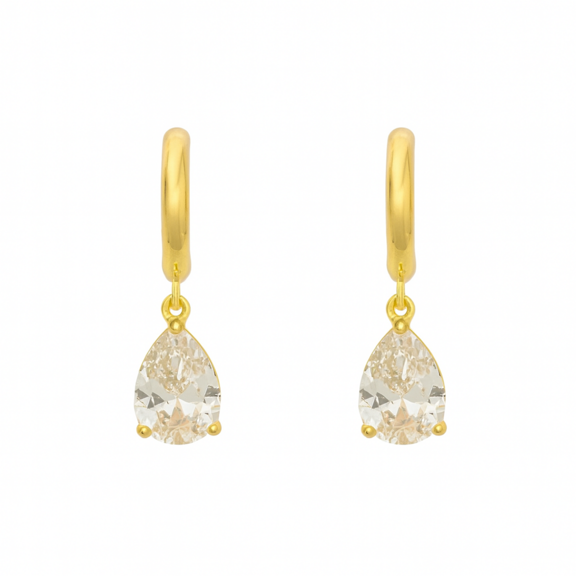 Gold hoop earrings with teardrop-shaped gemstones on a white background