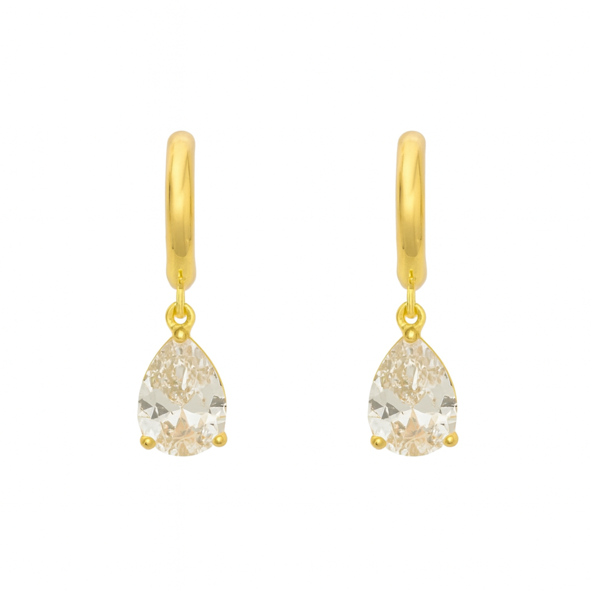 Gold hoop earrings with teardrop-shaped gemstones on a white background