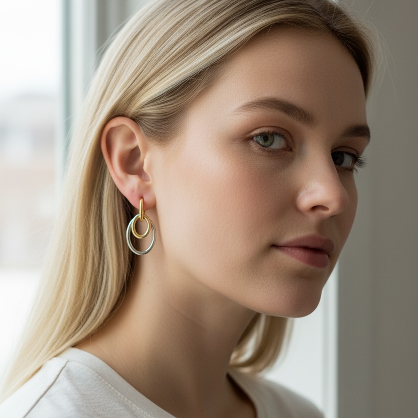 Woman wearing gold hoop earrings in a neutral setting