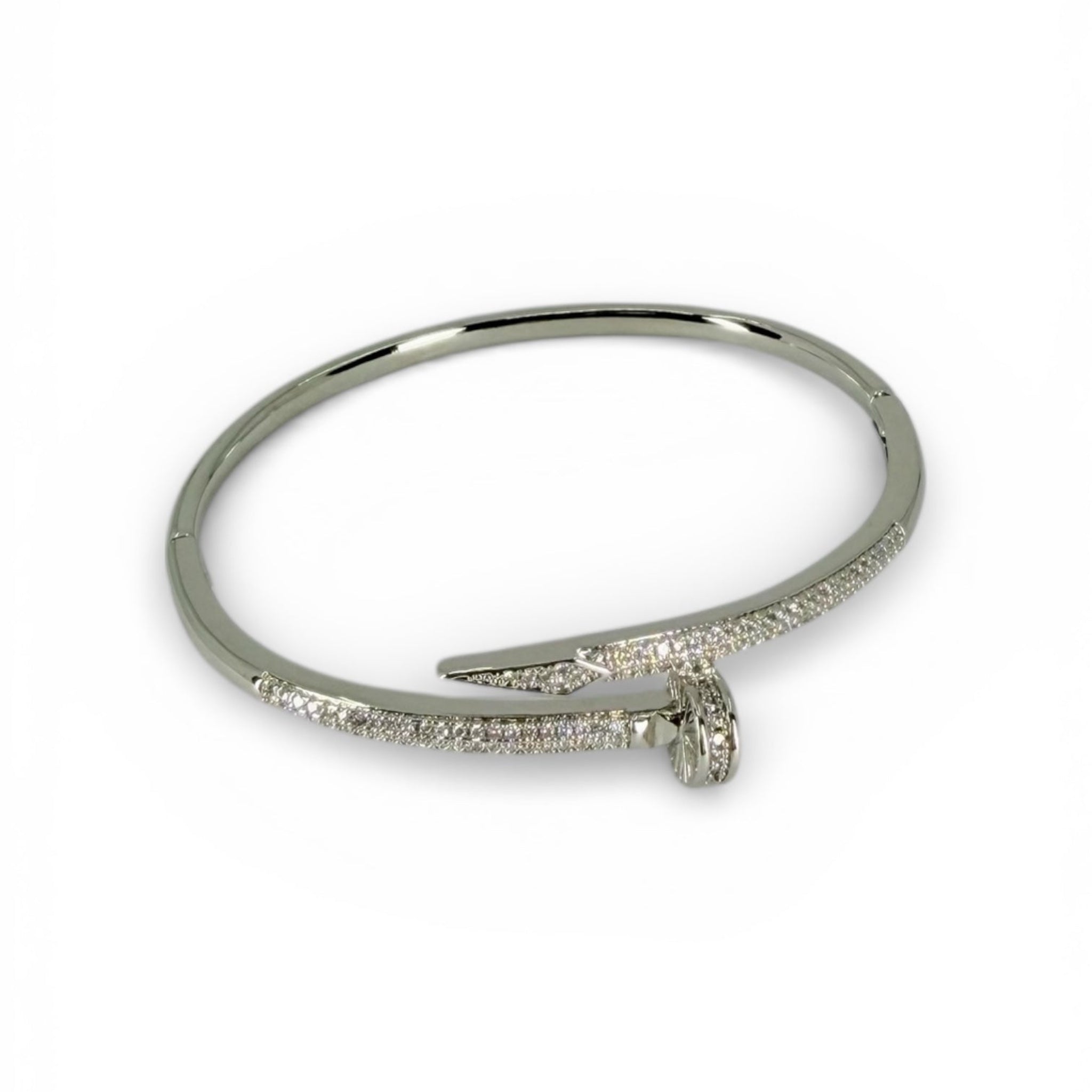 Silver bracelet with small diamonds on a white background