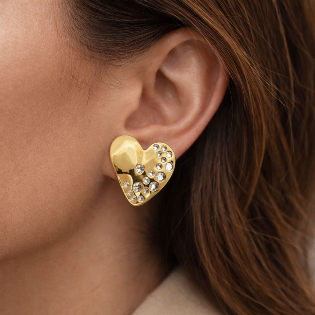 18k Gold Plated Molten Heart Stud Earrings Bold Elegant Look 