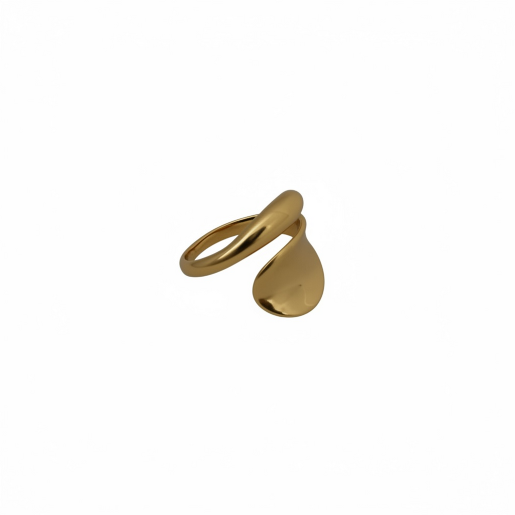 "Golden smooth wrap ring close-up detail" Gold ring with a unique design 