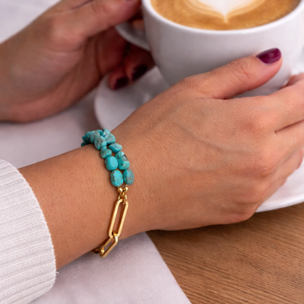 "Turquoise Fusion Link Bracelet worn on wrist"