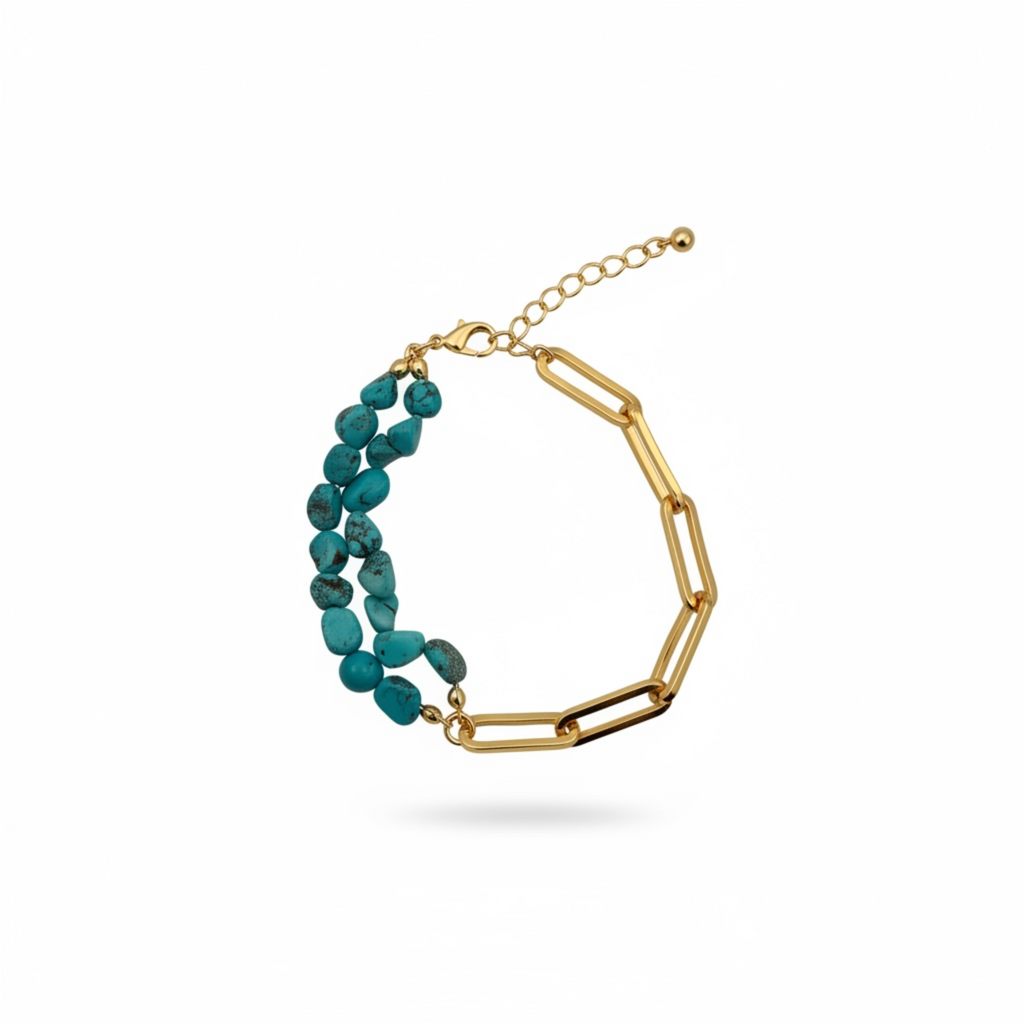 "Close-up of turquoise and gold paperclip link bracelet"