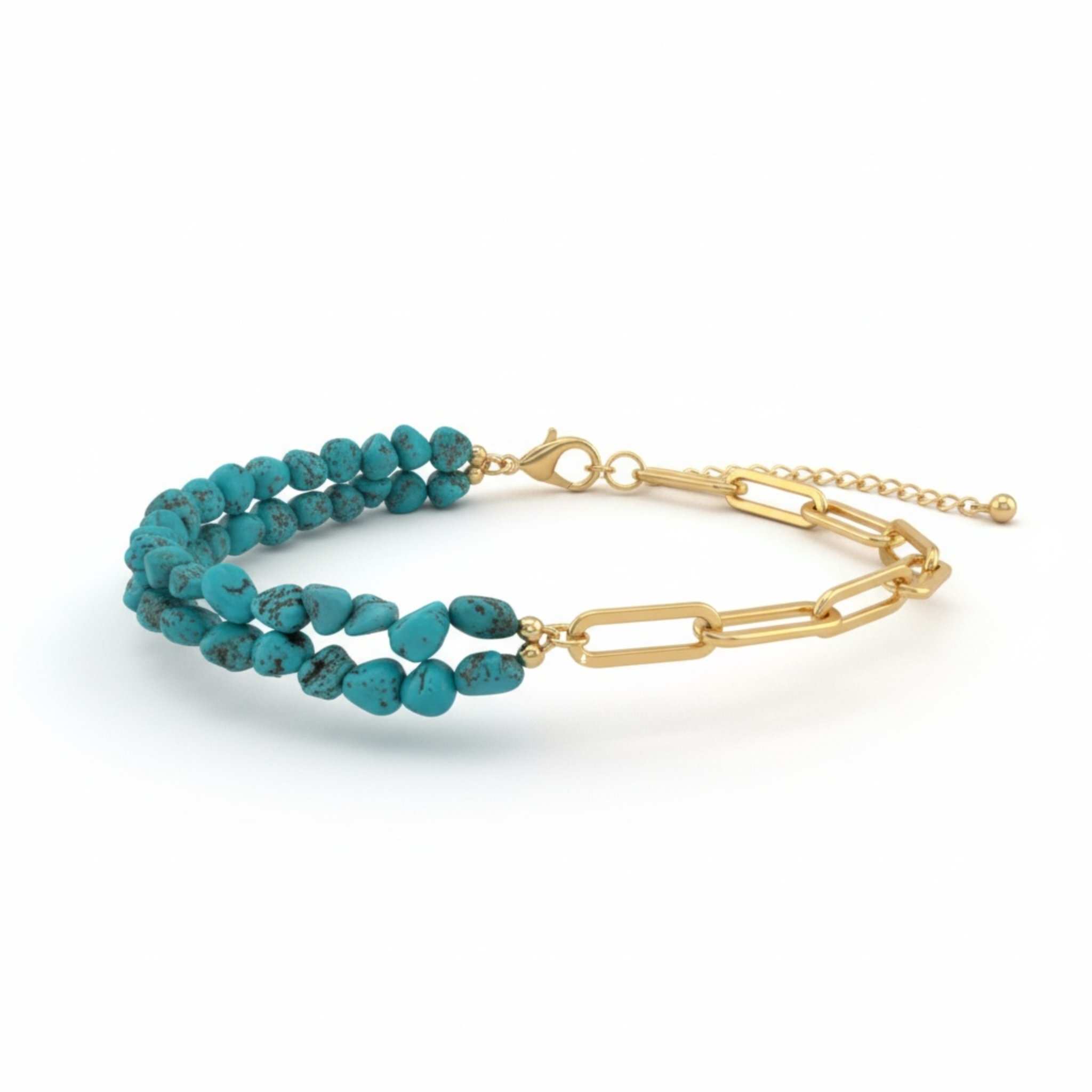 Turquoise beaded bracelet with a gold chain on a white background