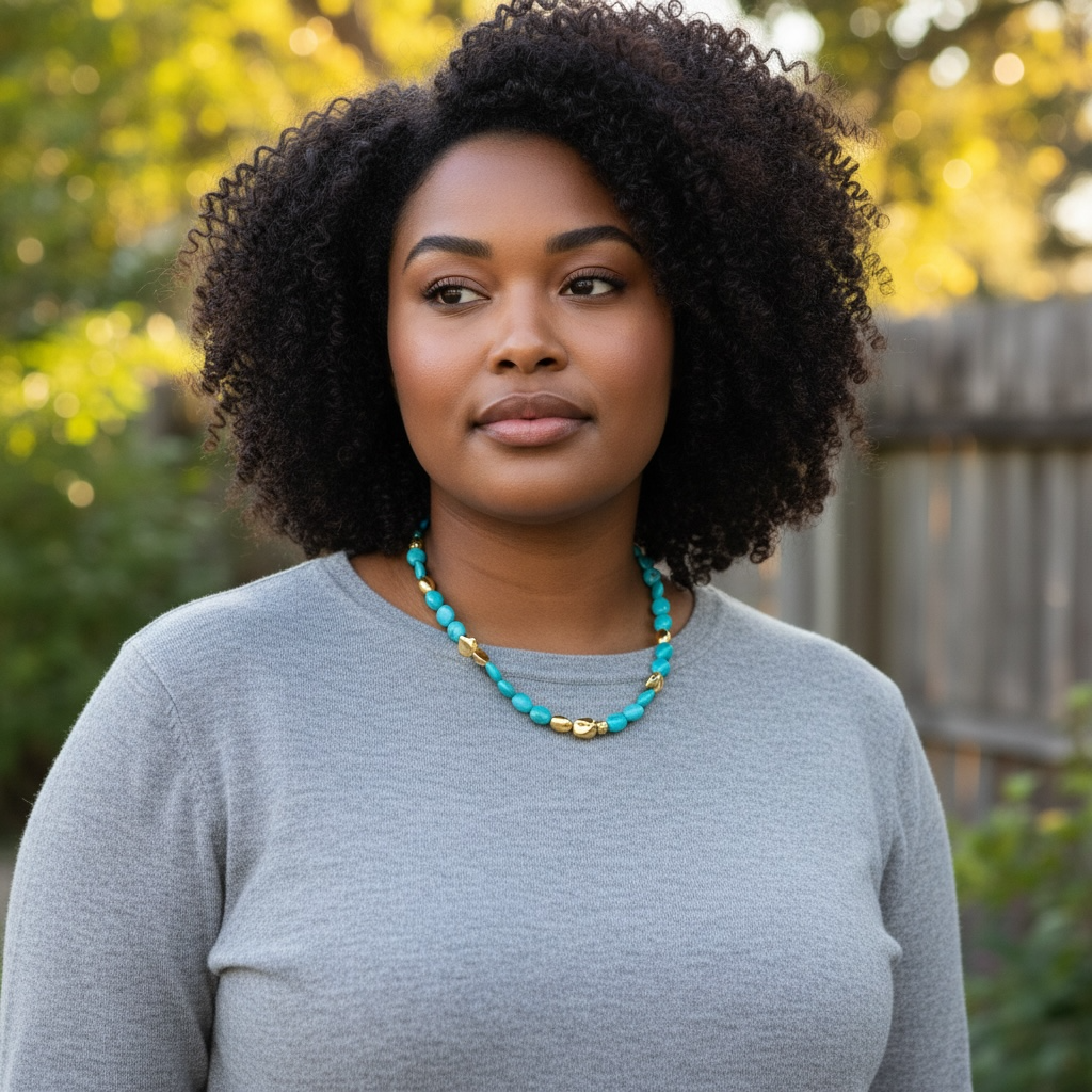 Woman wearing a gray sweater and turquoise necklace outdoors