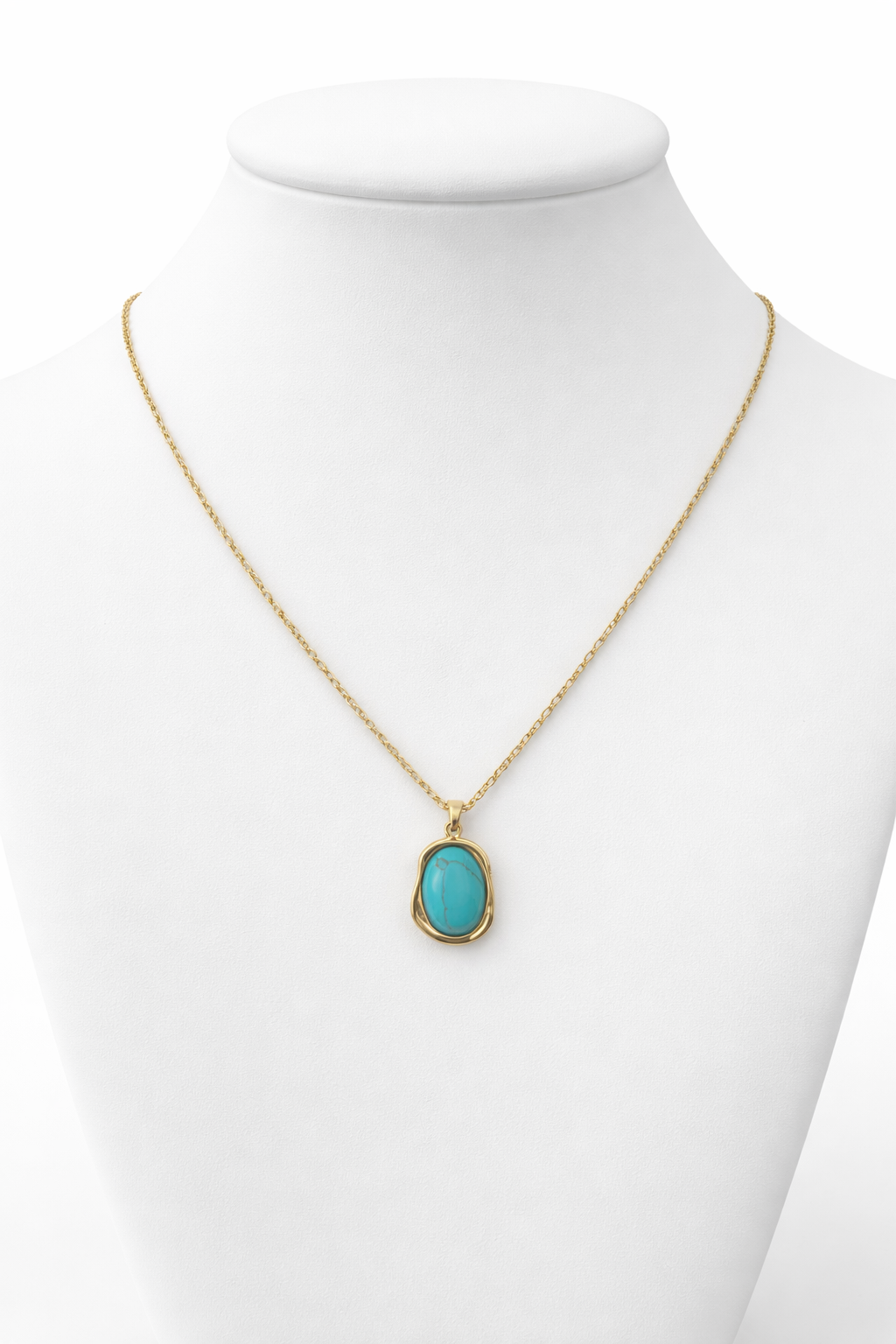 "Turquoise necklace worn on neck"
