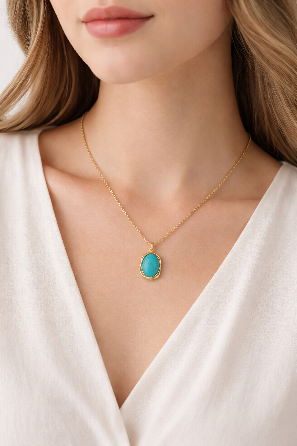 "Turquoise pendant necklace with rope chain detail"