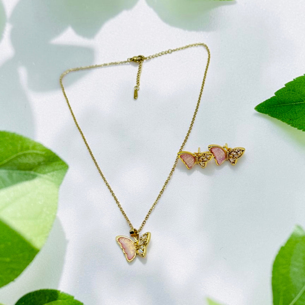 Pink Butterfly Earrings & Necklace Set