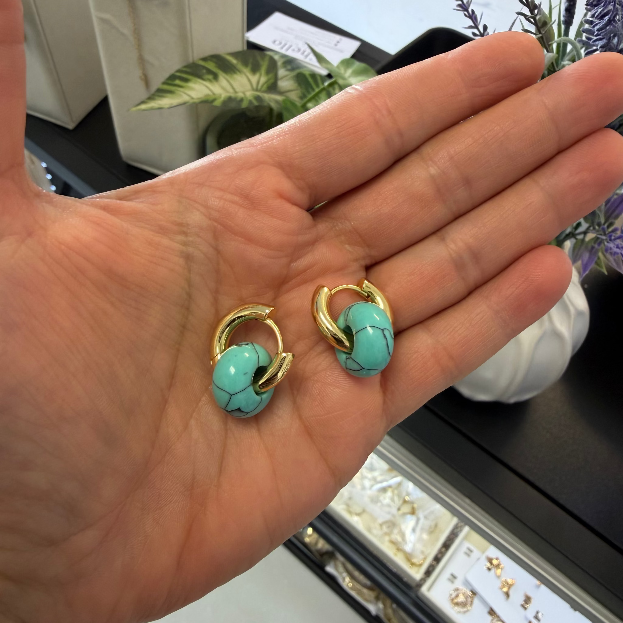 15mm gold hoop earrings with carved turquoise beads